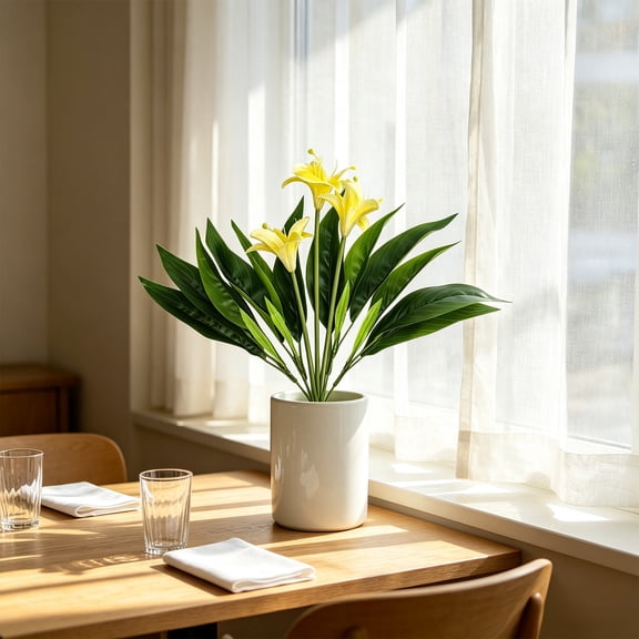Artificial Flowers for Home Decor, TOUMENY Realistic Faux Lilies Bouquet with Elegant Silk Petals, No Maintenance Plastic Flowers for Living Room Wedding Floral Arrangements Vase, Yellow