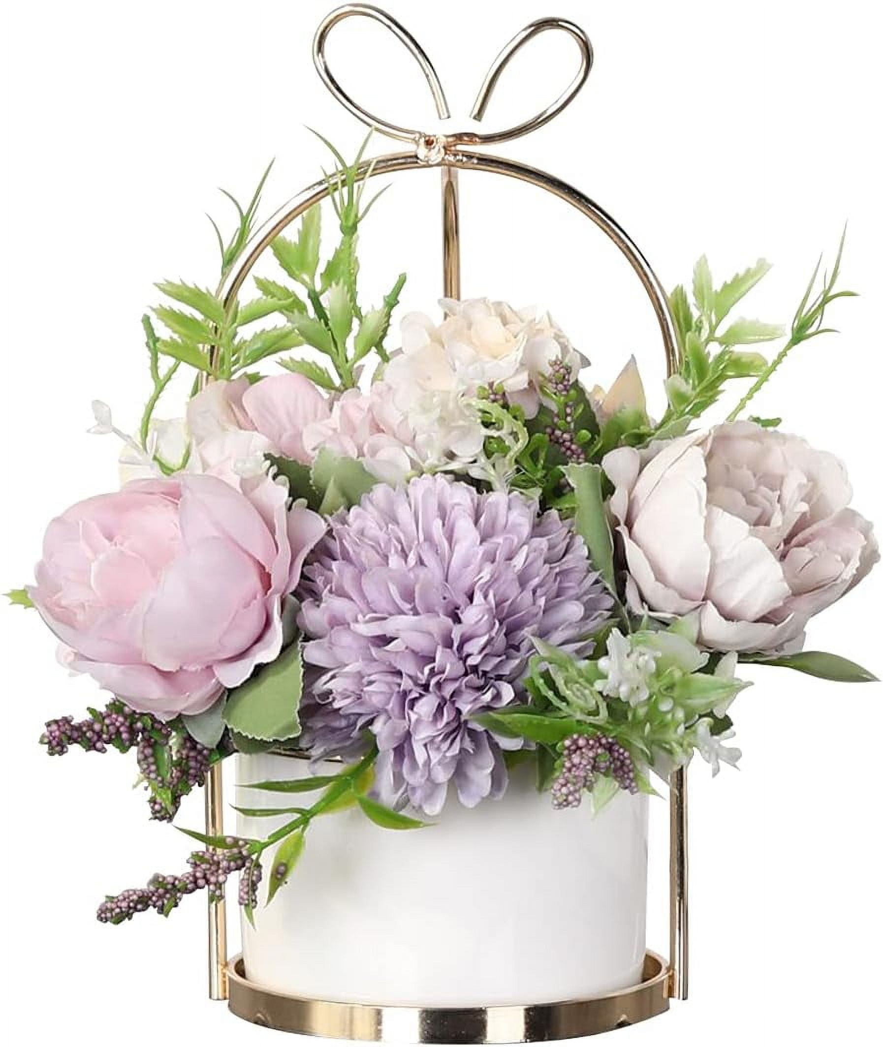 Artificial Flowers Hydrangea with Ceramic Vase Silk Chrysanthemum Mini Potted Fake Flowers Hanging Potted Plants for Wedding Home Office Decoration Pack of One (White)
