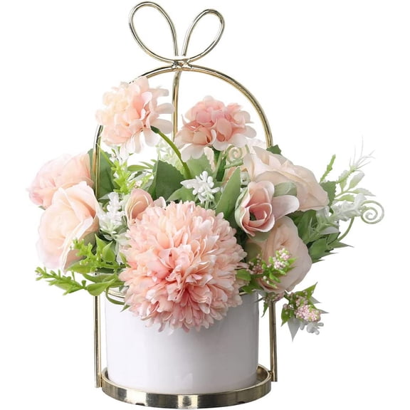 Artificial Flowers Hydrangea with Ceramic Vase Silk Chrysanthemum Mini Potted Fake Flowers Hanging Potted Plants for Wedding Home Office Decoration Pack of One (White)