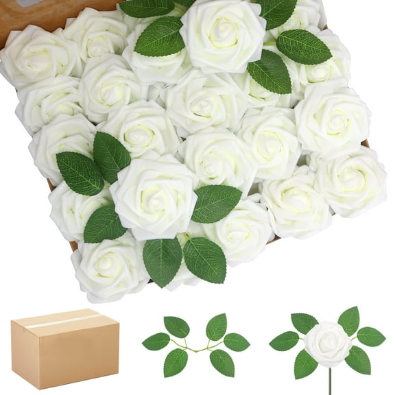 Artificial Flowers Ivory Roses 200PCS Real Looking Foam Fake Roses with Leaves and for DIY Wedding Bouquets Bridal Shower Centerpieces Party Decorations