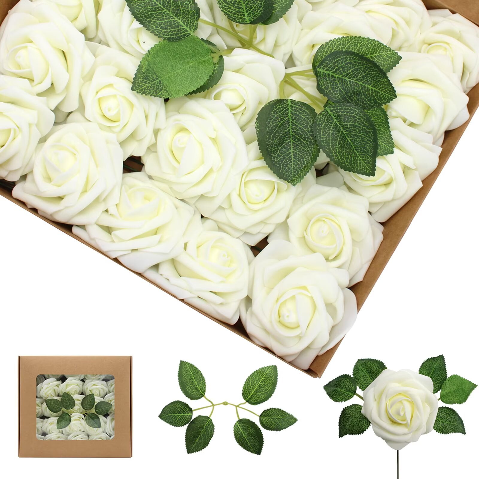Artificial Flowers Ivory Roses 25PCS Real Looking Foam Fake Roses with ...