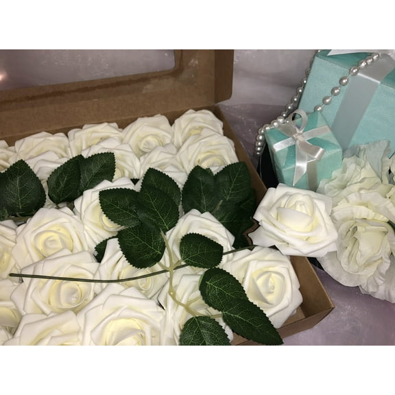 Artificial Flowers Ivory Roses 25pcs Real Looking Fake W/Stem Rose Head Wedding