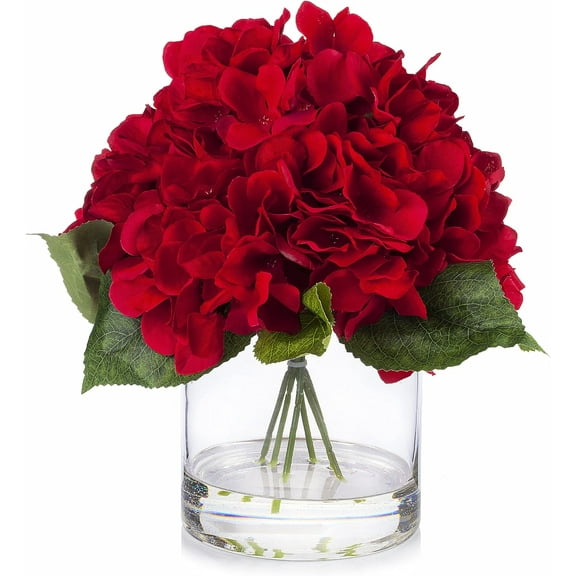 Artificial Flowers Large Silk Hydrangea Fake Flowers Arrangement in Cylinder Glass Vase with Faux Water for  Office Wedding Decoration (Red)