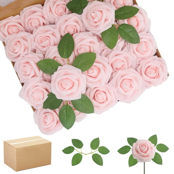 Artificial Flowers Light Pink Roses 200PCS Real Looking Foam Fake Roses with Leaves and for DIY Wedding Bouquets Bridal Shower Centerpieces Party Decorations