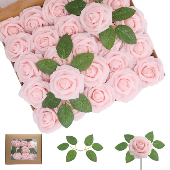 Artificial Flowers Light Pink Roses 50PCS Real Looking Foam Fake Roses with Leaves and for DIY Wedding Bouquets Bridal Shower Centerpieces Party Decorations