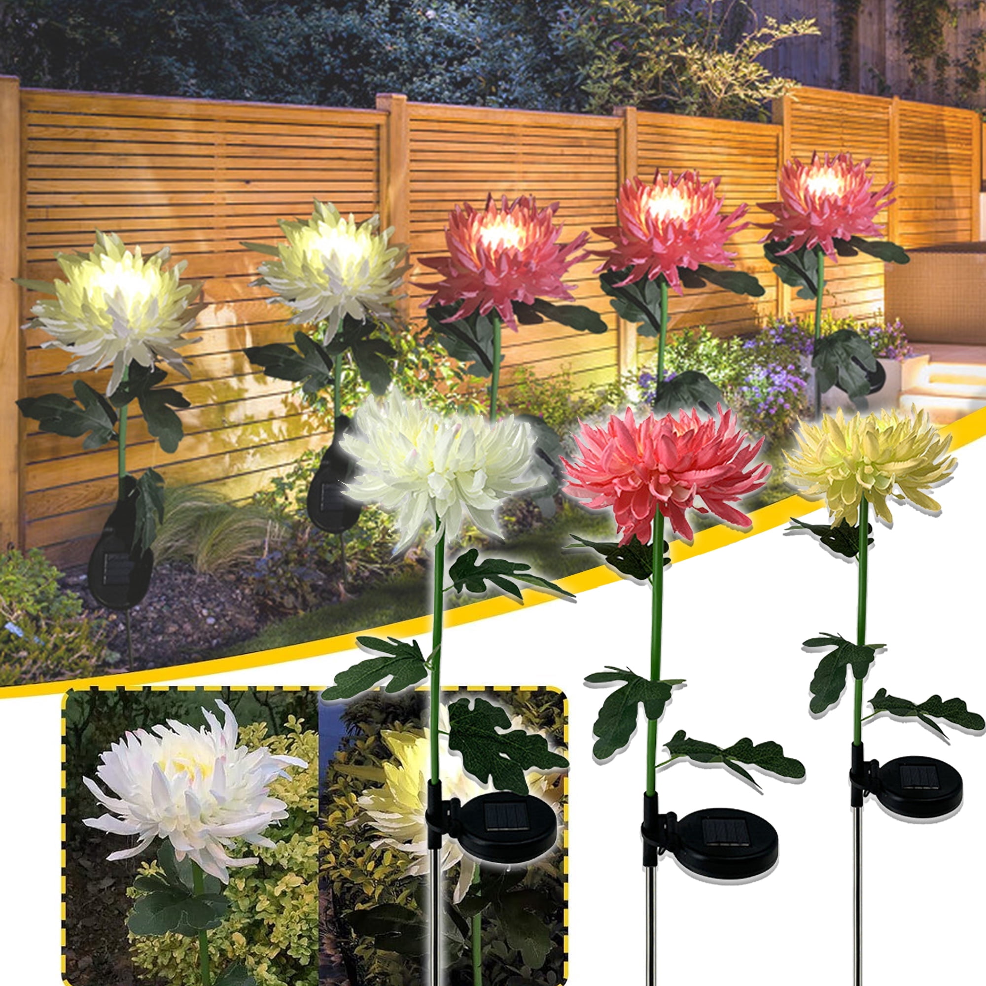 Artificial Flowers Lights,3 Pack Fake chrysanthemum Bouquet,Outdoor Solar Lights,Garden Decorative Flowers,LED Outdoor Garden Flower Light for Patio,Lawn,Yard,Path