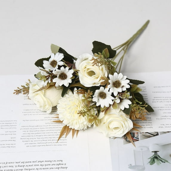 Artificial Flowers Like Real Artificial Bouquet 2 Packs Silk Artificial Roses Bouquet with Daisy Chrysanthemum Champagne Flowers for Centerpiece Table Wedding Party Home Decor