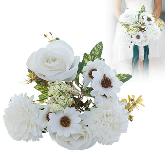 Artificial Flowers Like Real Artificial Bouquet Silk Artificial Roses Bouquet with Daisy Chrysanthemum Pink Flowers for Centerpiece Table Wedding Party Home Decor,White