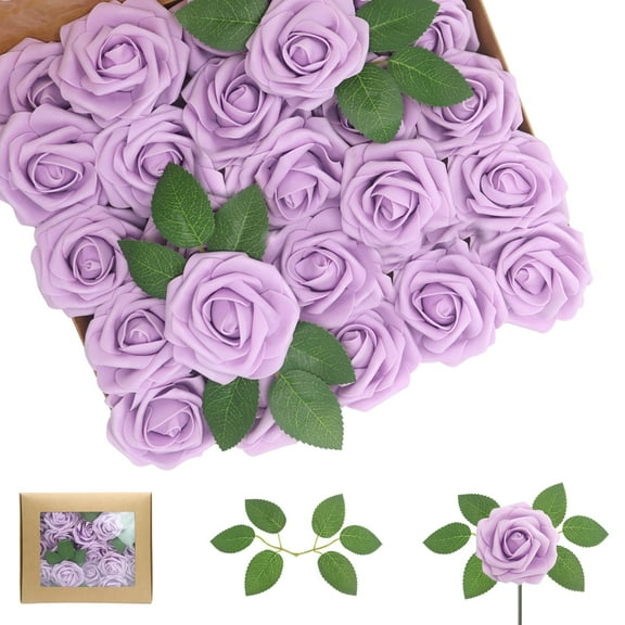 Artificial Flowers Lilac Roses 100PCS Real Looking Foam Fake Roses with Leaves for DIY Wedding Bouquets Bridal Shower Party Decorations