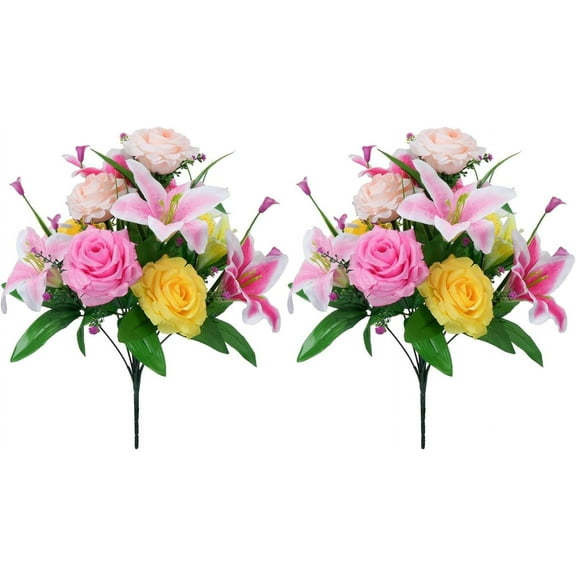 Artificial Flowers, Mixed Bush Grave Flowers 6.7 inch Memorial Flowers Artificial Cemetery Flowers Roses and Lily Bouquet for Outdoor Graveyard Garden Home Spring Decor