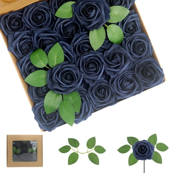 Artificial Flowers Navy Blue Roses 100PCS Real Looking Foam Fake Roses with Leaves and for DIY Wedding Bouquets Bridal Shower Centerpieces Party Decorations