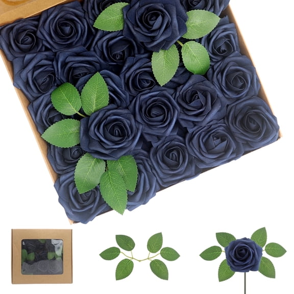 Artificial Flowers Navy Blue Roses 50PCS Real Looking Foam Fake Roses with Leaves and for DIY Wedding Bouquets Bridal Shower Centerpieces Party Decorations