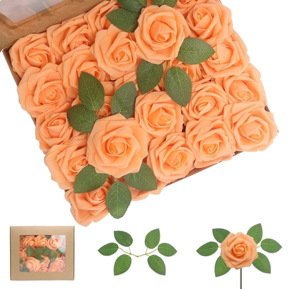 Artificial Flowers Orange Roses 25PCS Real Looking Foam Fake Roses with Leaves for DIY Wedding Bouquets Bridal Shower Party Decorations