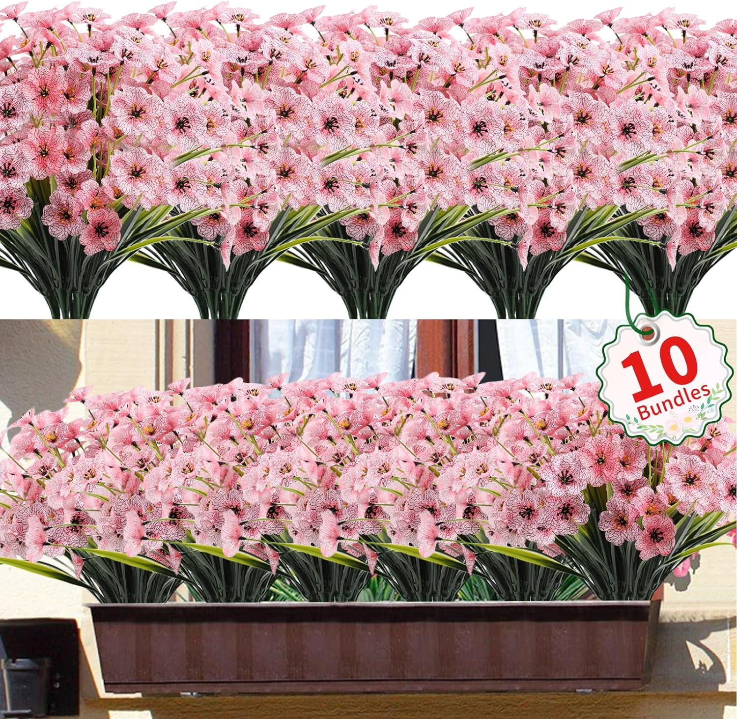 Artificial Flowers Outdoor,10 Bundles Faux Flowers UV Resistant,Faux Plastic Plants Silk Flower for Outdoors Outside Front Porch Hanging Planter Decoration(Red)