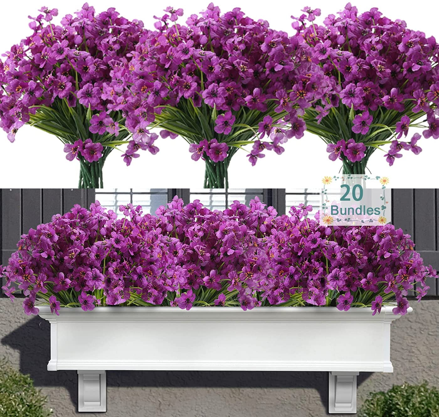 Artificial Flowers Outdoor, 20 Bundles Artificial Plants UV Resistant Fake Plants for Outdoors Outside Front Porch Window Box Hanging Planter Decoration
