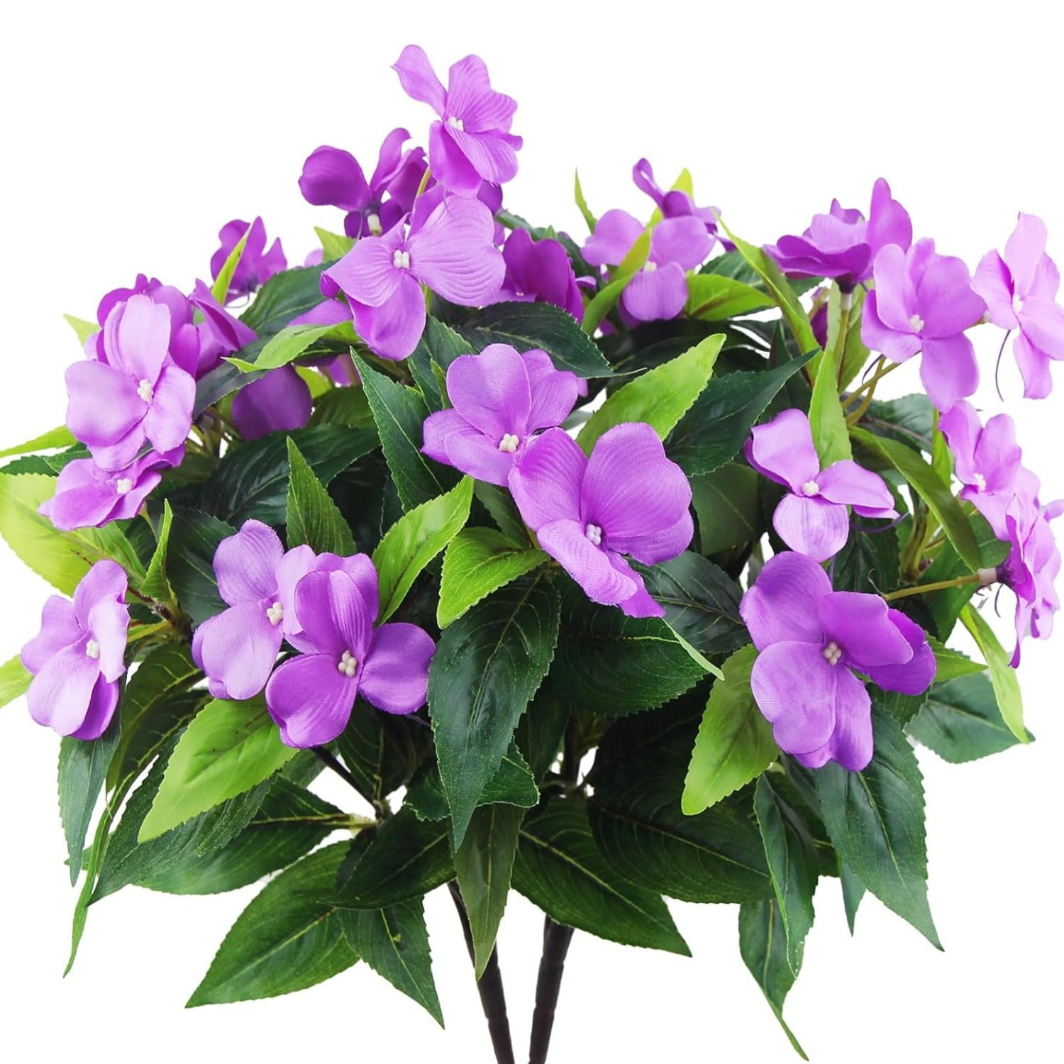 Artificial Flowers Outdoor 4 Pac 7 Branches Fake Flowers Bulk Faux Impatiens Flowers Spring Flowers Plants UV Resistant Silk Balsam Bouquet Flowers for Wedding Garden Porch Window Decor,Purple