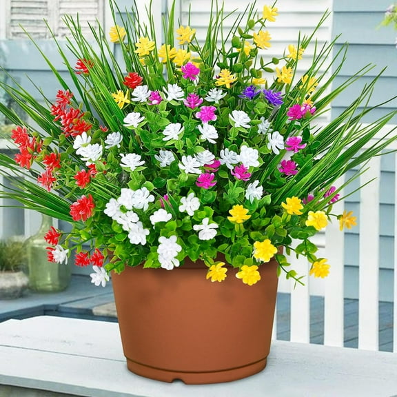 Artificial Flowers Outdoor, Artificial Flowers for Outdoors Fake Outdoor Flowers UV Resistant Fake Flowers for Outside Porch Window Box Garden Patio Decor (Mix Colors & Grass)