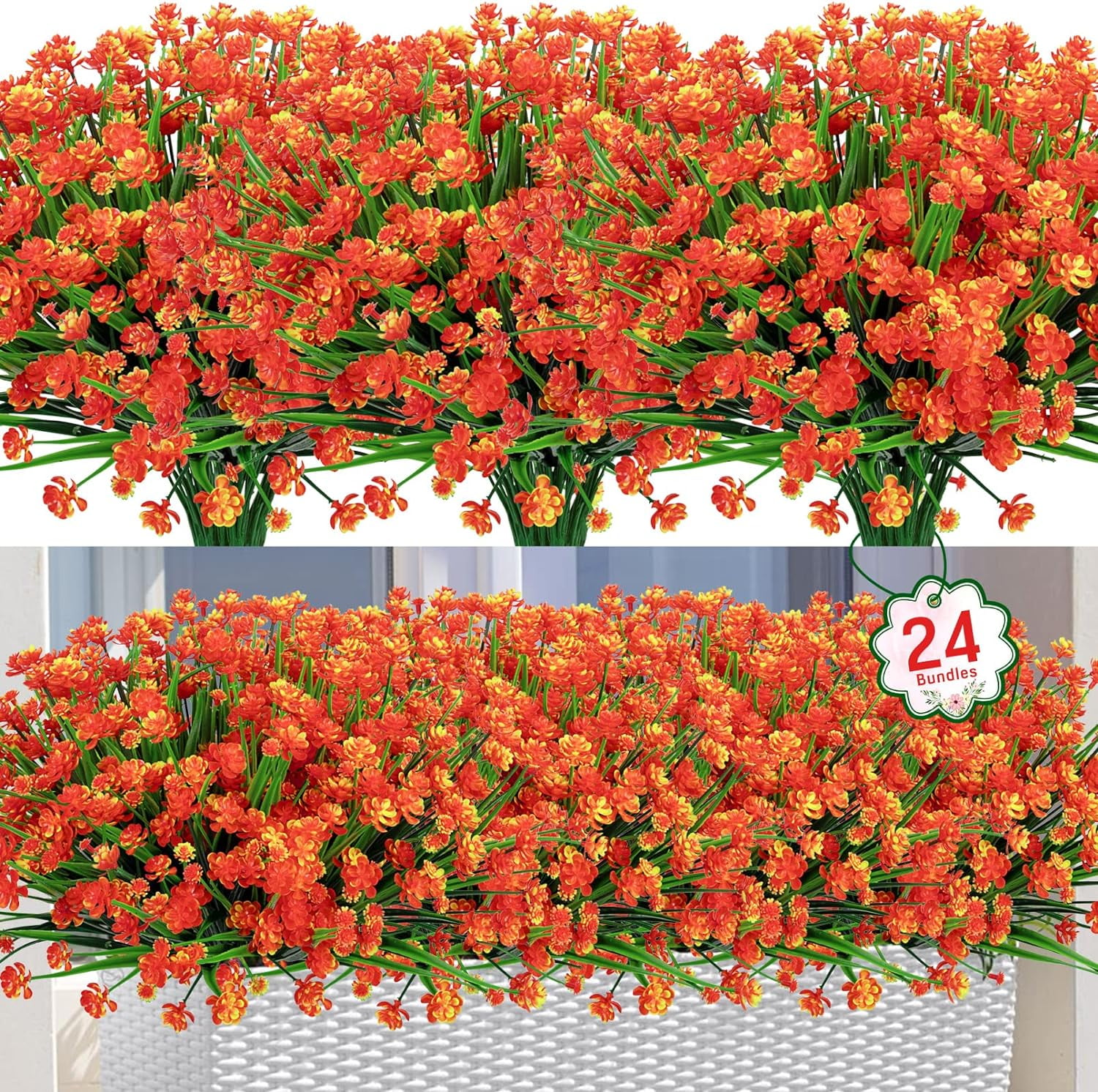 Artificial Flowers for Outdoor Decoration UV Resistant Fake Plastic Plants Artificial Greenery for Spring Summer Indoor Outdoor Garden Patio Window Box Kitchen Home Decor, Orange