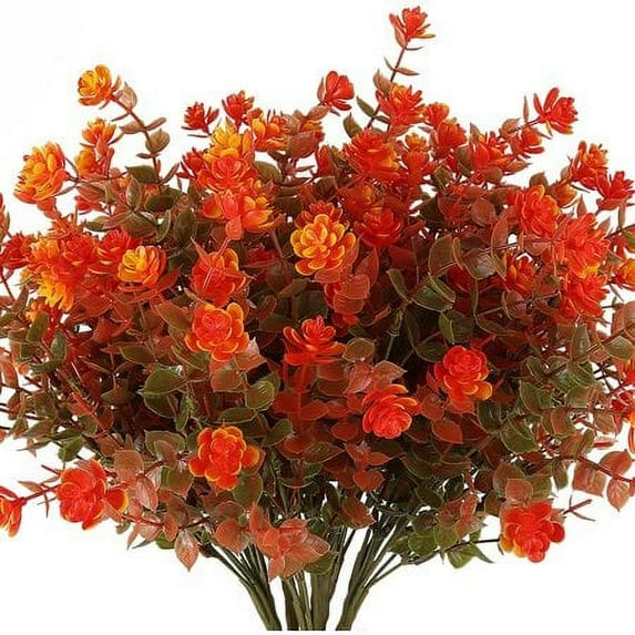 Artificial Flowers Outdoor Fake Flowers,8 Bundles Outside Face Mums Fake Summer Greenery UV Resistant No Fade Faux Plastic Lotus Shrubs Home Garden Porch Patio Decoration (Green Orange)