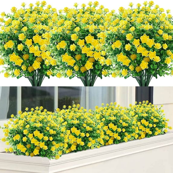 Artificial Flowers Outdoor Fake Flowers for Decoration UV Resistant No Fade Faux Plastic Plants Garden Porch Window Box Décor (6 Bundles, 2#Yellow)