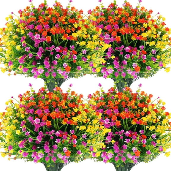 Artificial Flowers Outdoor, Faux Artificial Plants Shrubs Plastic Flower Bulk for Hanging Planter Porch Window Home Wedding Fall Summer Decor (, Purple, Orange, Yellow)