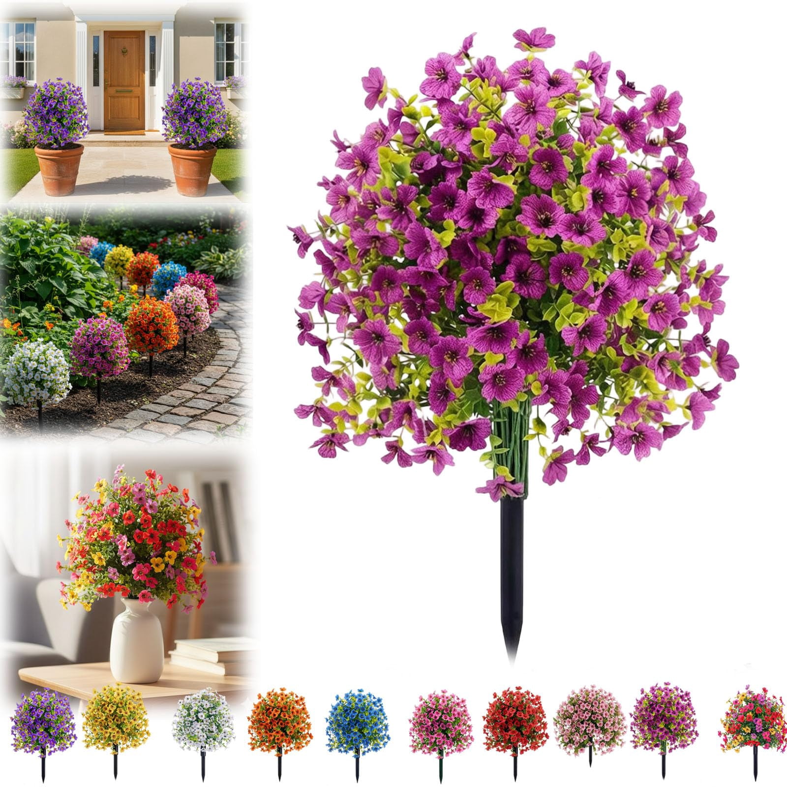 Artificial Flowers for Outdoor Indoor Garden Home Decoration,Spring Decoration with Spike, UV Resistant Faux Summer Plants, Fake Bushes Indoor Decor for Garden, Porch & Patio