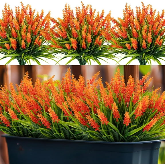 Artificial Flowers for Outdoor Plants 6 Bundles Fake Lavender Plastic Faux Monkey Grass for Verandah Window Garden Office Patio Front Porch UV Resistant for Planter