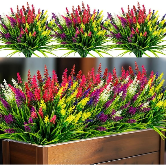 Artificial Flowers for Outdoor Plants 6 Bundles Fake Lavender Plastic Faux Monkey Grass for Verandah Window Garden Office Patio Front Porch UV Resistant for Planter