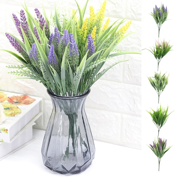 Artificial Flowers Outdoor Plants 7 Heads Faux UV Resistant Lavender Plastic Shrubs Indoor Outside Greenery Bushes Flower