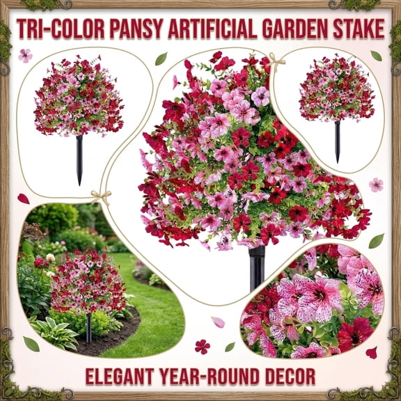 Artificial Flowers Outdoor Stake, UV Resistant Faux Red & Pink Flowers Ground Stake, No Fade Fake Plants for Garden, Yard, Patio, Cemetery Grave Decor & Lawn Landscaping