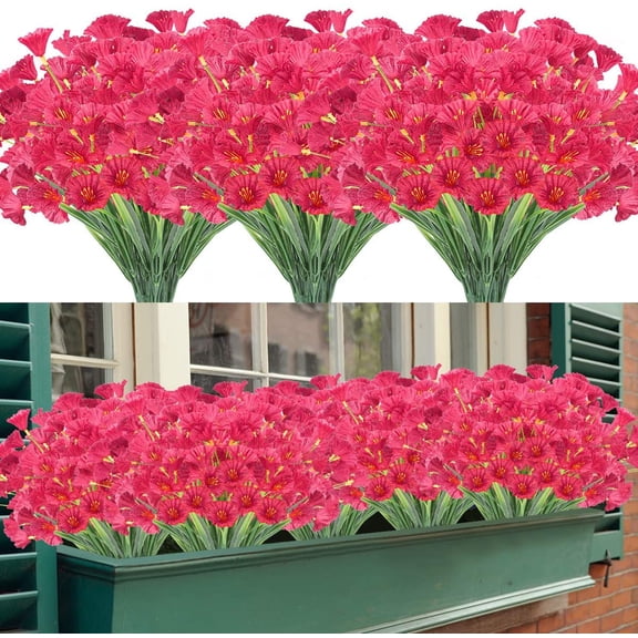 Artificial Flowers Outdoor UV Resistant Fake Flowers No Fade Faux Plastic Greenery Shrubs Garden Porch Window Box Decorating (Deep Red)