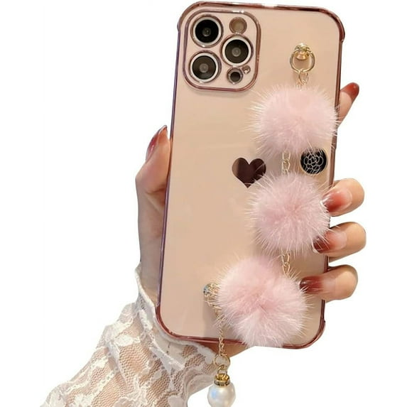 Compatible with iPhone Case,Cute Lovely Heart Pattern Plush Wristband Strap Bracelet Chain Electroplated Bumper Soft Shockproof Cover Phone Case (Black,iPhone 14)