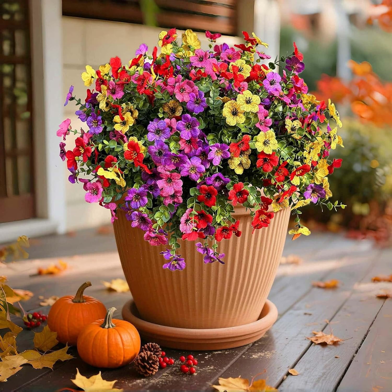 Artificial Flowers Outdoor UV Resistant Fake Plants, Silk Daisy in Pots for Porch Patio Garden, Faux Potted Home Decor for Outside (Mix Pink, Red, Purple, Yellow)