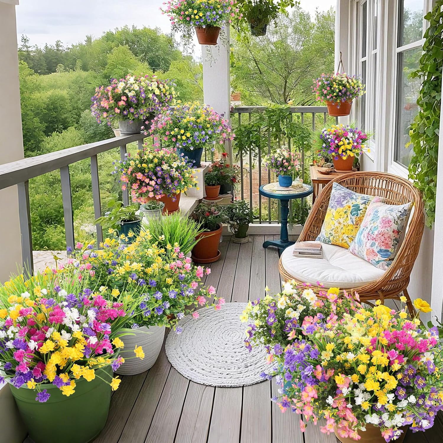 Artificial Flowers for Outdoor - UV Resistant Faux Flowers with Eucalyptus & Fake Lavender Greenery Plants for Indoor Garden Patio Porch Window Box Hanging Decor