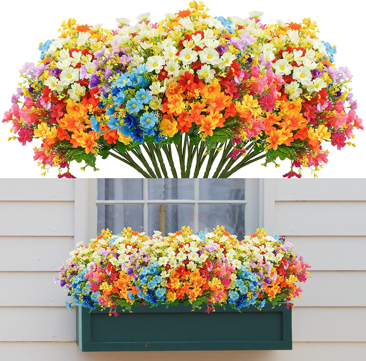 Artificial Flowers for Outdoors, 12 Bundles Fake Flowers Bulk UV Resistant Daisy Flowers Plastic Greenery Shrub Plant Window Box Flowers for Wedding Garden Home Porch Summer Decor White