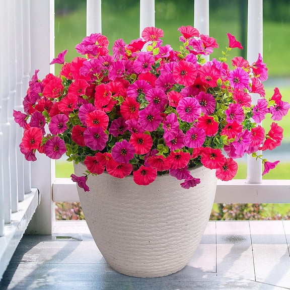 Artificial Flowers for Outdoors, 12 Bundles Fake Plastic Flower Plant, Faux Colorful Silk Morning Glory Euc for Spring Summer Outside Garden Porch Front Door Decor, Hot Pink Purple