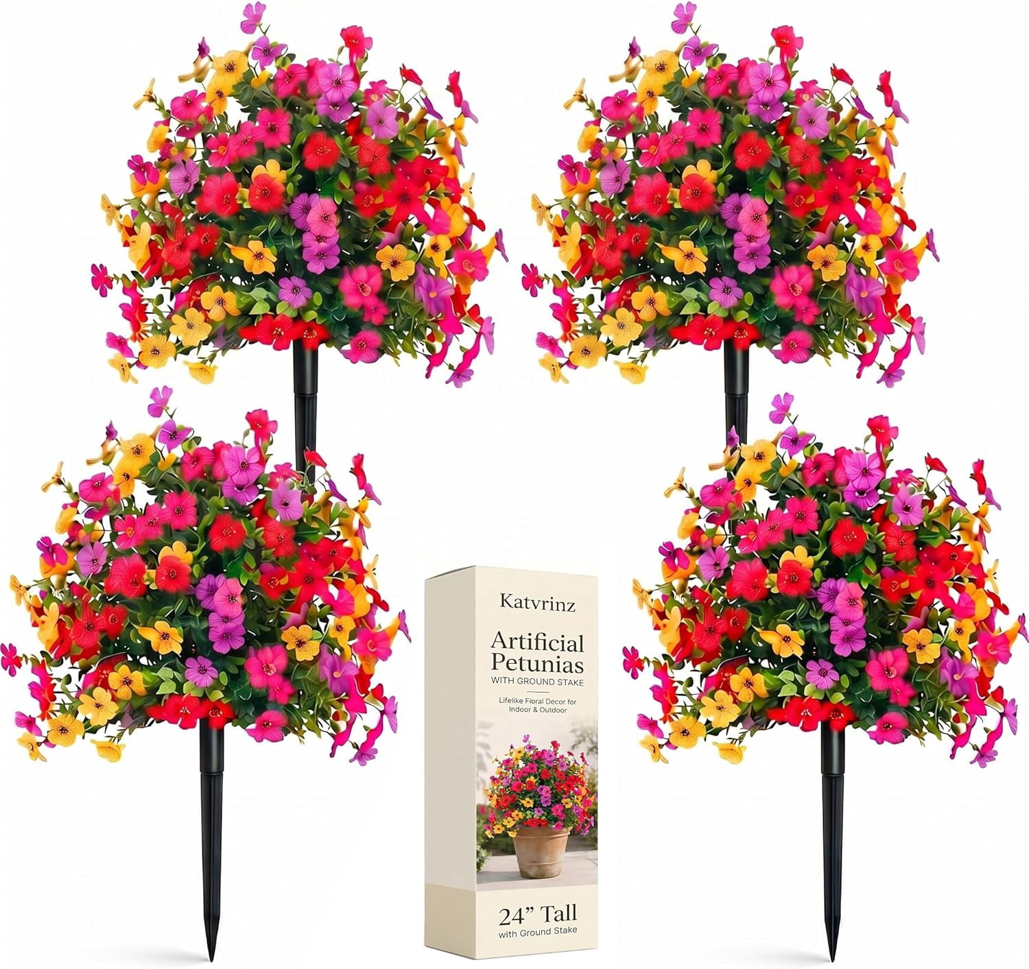 Artificial Flowers for Outdoors 24" Artificial Petunias with Ground Stake, UV Resistant Waterproof Lifelike Faux Flowers Decor for Garden Yard Patio Porch Home (Multi-Color (4 Pack))
