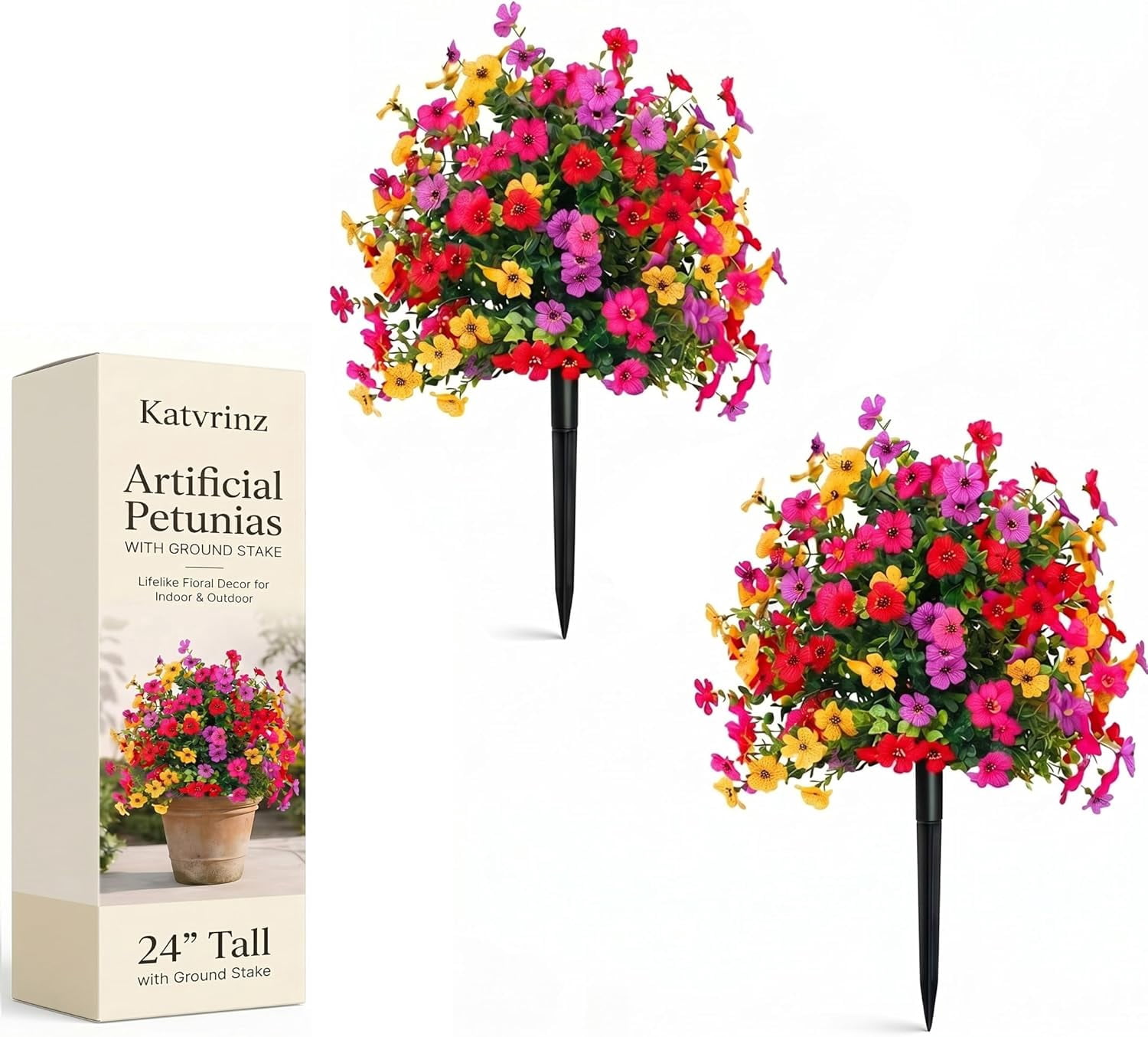Artificial Flowers for Outdoors 24" Artificial Petunias with Ground Stake, UV Resistant Waterproof Lifelike Faux Flowers Decor for Garden Yard Patio Porch Home (Multi-Color (2 Pack))