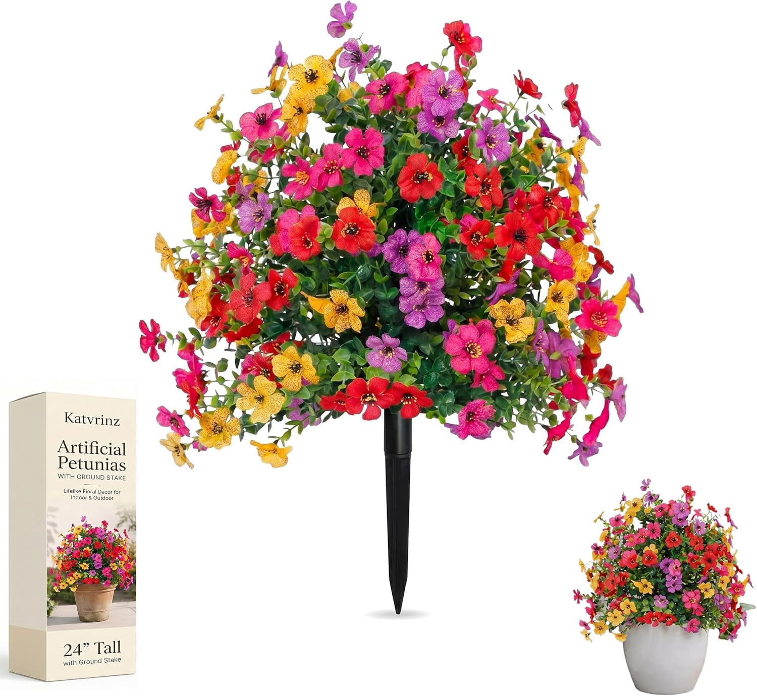 Artificial Flowers for Outdoors 24" Artificial Petunias with Ground Stake, UV Resistant Waterproof Lifelike Faux Flowers Decor for Garden Yard Patio Porch Home (Multi-Color)