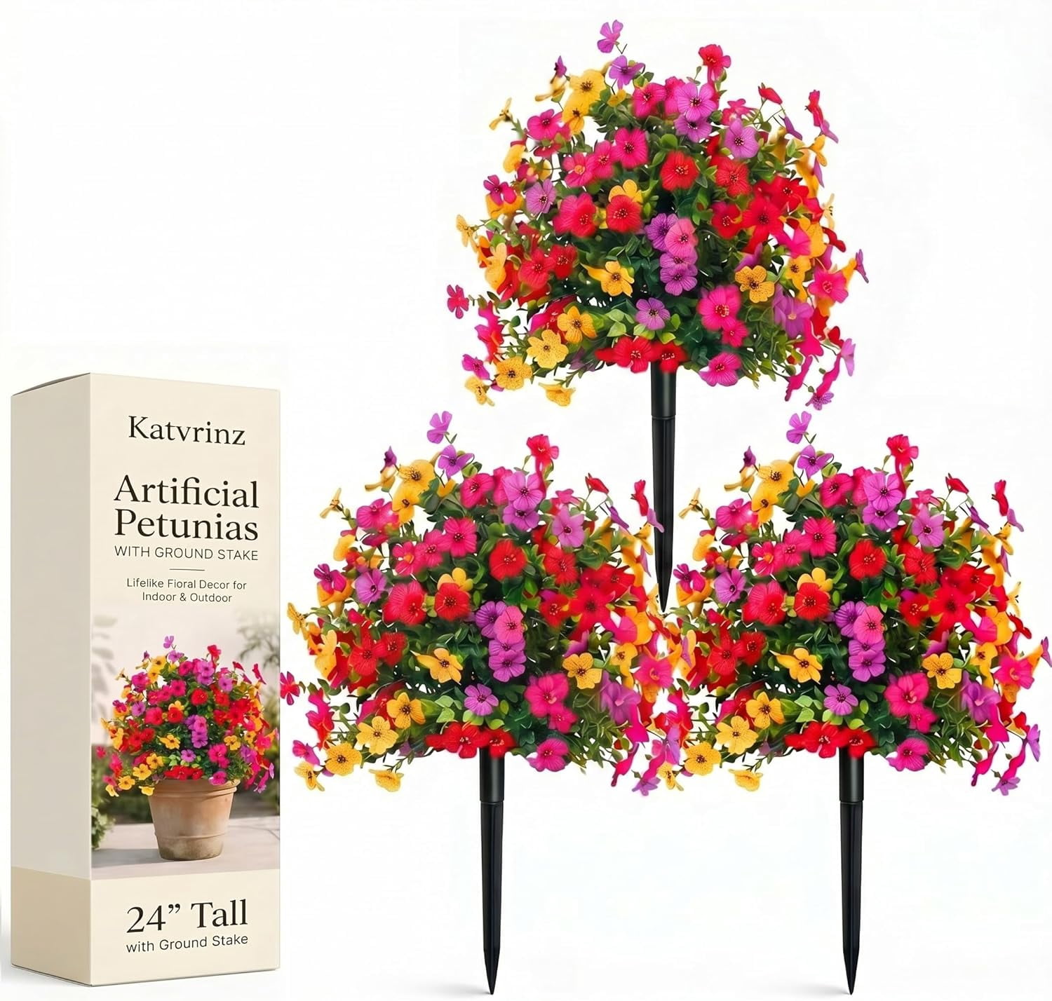 Artificial Flowers for Outdoors 24" Artificial Petunias with Ground Stake, UV Resistant Waterproof Lifelike Faux Flowers Decor for Garden Yard Patio Porch Home (Multi-Color (3 Pack))
