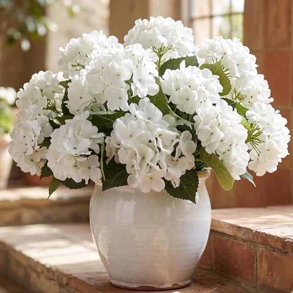 Artificial Flowers for Outdoors – 3PCS Fake Silk Hydrangea Stems, UV Resistant Realistic Faux Plants, 5 Large Flower Heads per Stem, for Wedding Bouquets Party Centerpieces Home Garden Decor (White)