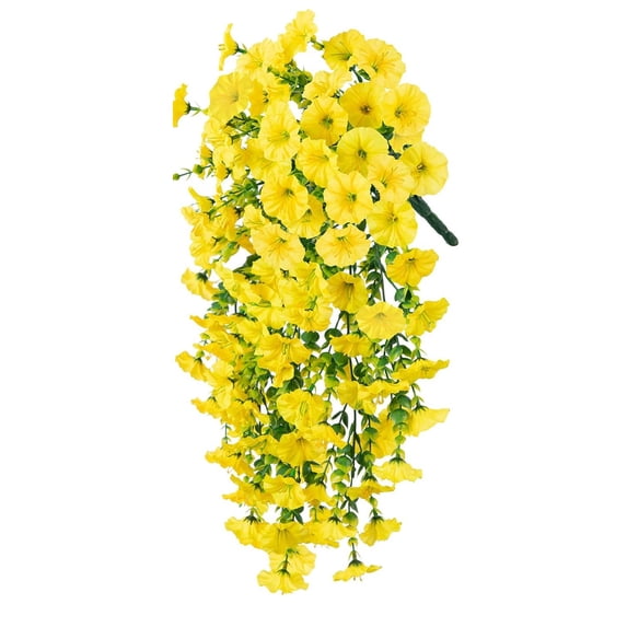 Artificial Flowers for Outdoors 4 PCS Artificial Flowers for Outdoors Faux Plants Silk Morning Faux Flowers with Leaves Realistic Hanging Petunias Plants for Home Garden Decor (Yellow)