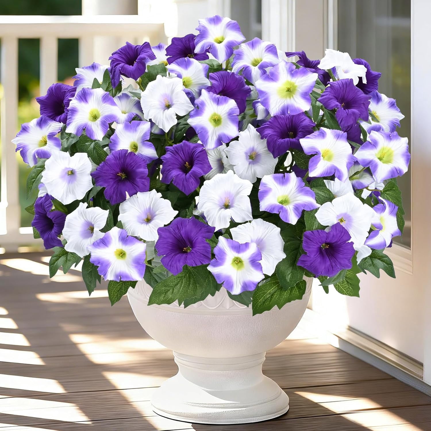 Artificial Flowers for Outdoors, 5 Bundles Realistic Fake Outdoor Flowers, UV Resistant Silk Petunia Flower for Outside Look Real Faux Flower Plants for Outdoor Porch Decor, Purple White