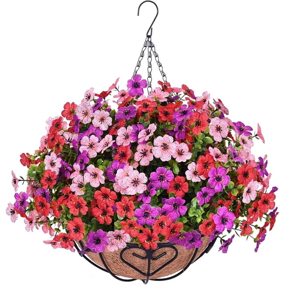 Artificial Flowers for Outdoors, Fake Hanging Plants Flowers with Basket, Faux Green Plant in Metal Coconut Lining Pot, Daisy with Eucalyptus Leaves for Garden Spring Summer Decor(Colorful)