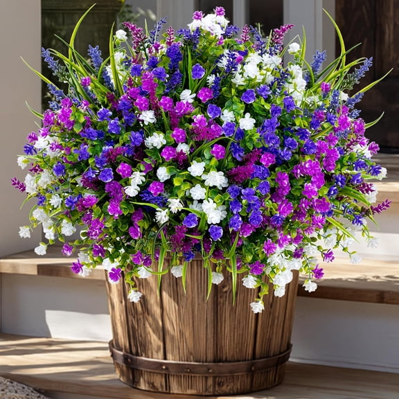 AXYLEX Artificial Flowers for Outdoors Fake Plants - 12 Bundles Faux Outside Greenery Boxwood No Fade Plastic Shrubs Home Decor Farmhouse Garden (Mixed, 3 Colors Magenta Purple White)