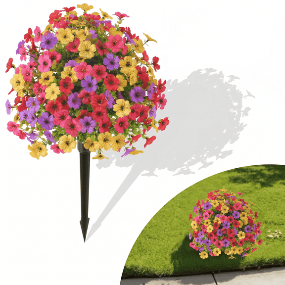 Artificial Flowers for Outdoors, Fake Plants Topiary Ball with Spike, UV Resistant Faux Planters, Realistic Bushes Indoor Decor, Mix 4 Colors Flower Decoration for Garden, Porch, Patio