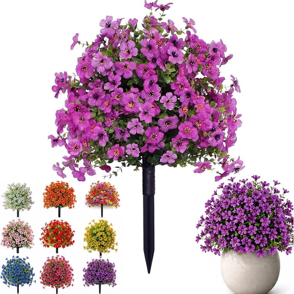 Artificial Flowers for Outdoors with Ground Stakes, Lifelike Artificial Plants & Flowers No Maintenance for Porch,Garden,Patio,Wedding Decor (Purple, 1 Pc (48Stem,144Bloom))