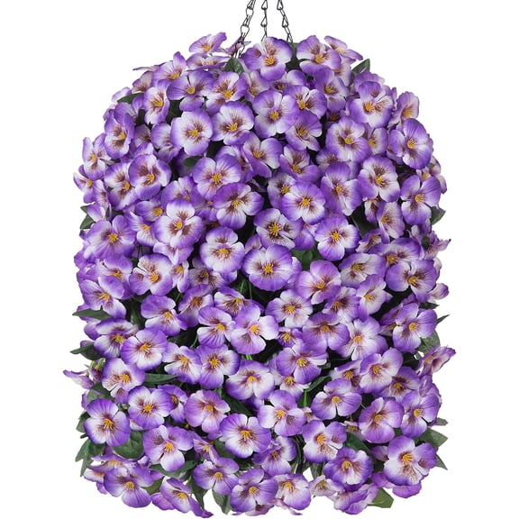 Artificial Flowers for Outdoors with Hanging Basket 4pcs UV Resistant Fake Pansy with Realistic Leaves Faux Hanging Plants Front Door Porch Home Outside Decoration (Light Purple)