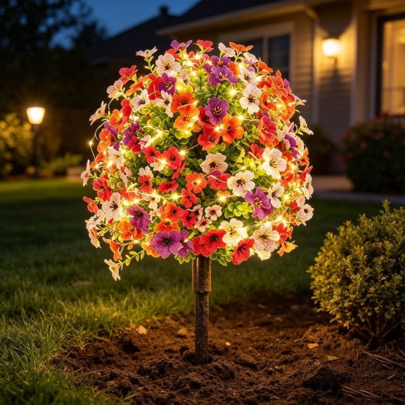 Artificial Flowers for Outdoors with Solar Lights, Fake Flowers for Garden Yard Patio, Lifelike UV Resistant Faux Plant Decor with Solar LED Light Strip & Ground Stake