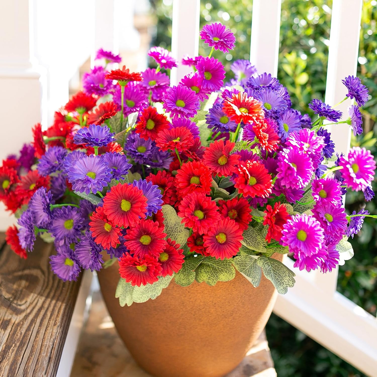Artificial Flowers for Outdoors Spring Summer Outside Decor, 6 Bundles Fake Daisy Wild Silk Flowers UV Resistant Outdoor Faux Plants for Planter Front Door Porch Balcony Yard, Fuchsia
